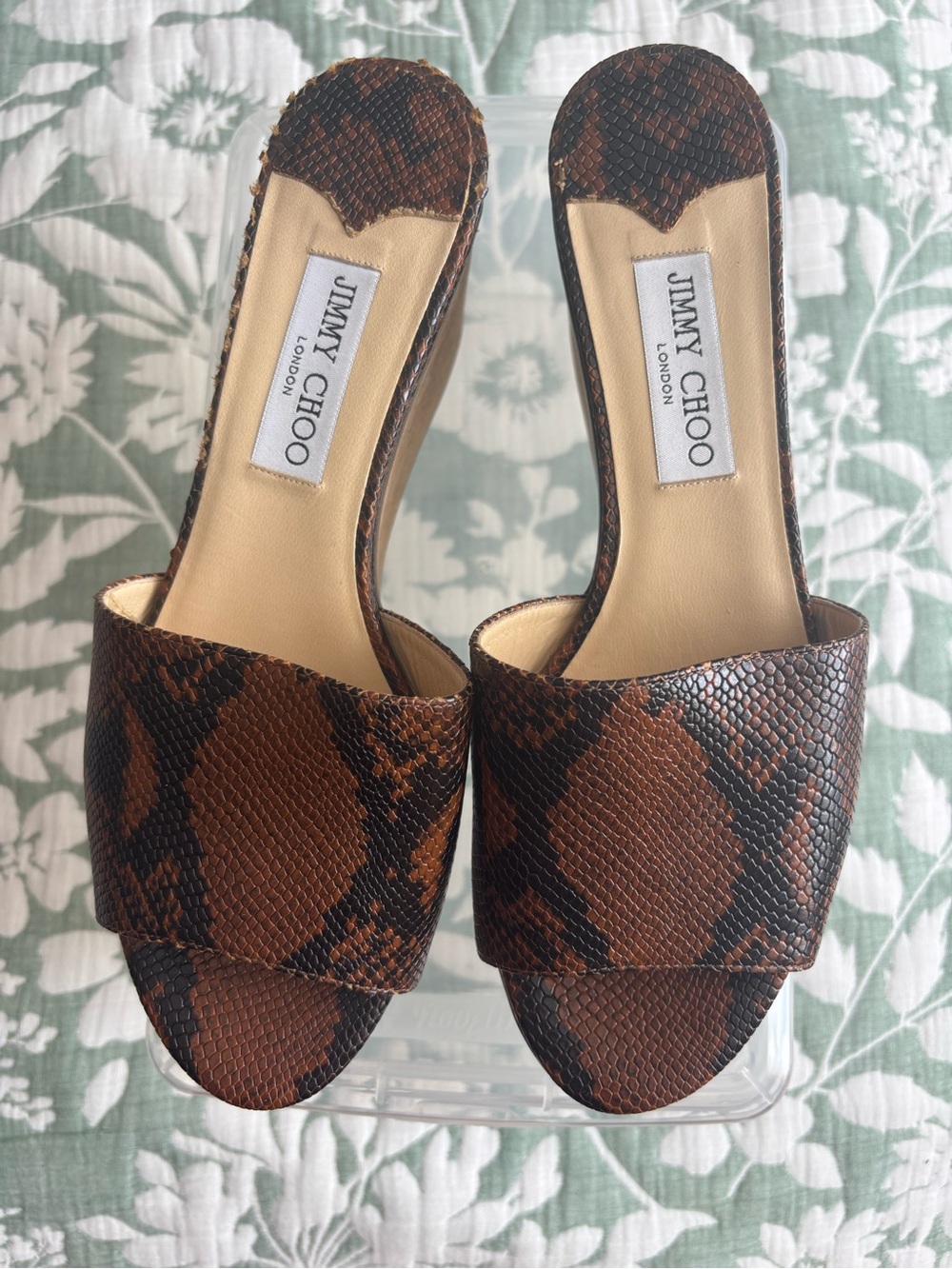 Jimmy Choo Brown Snake-Print Slide Wedge Mules